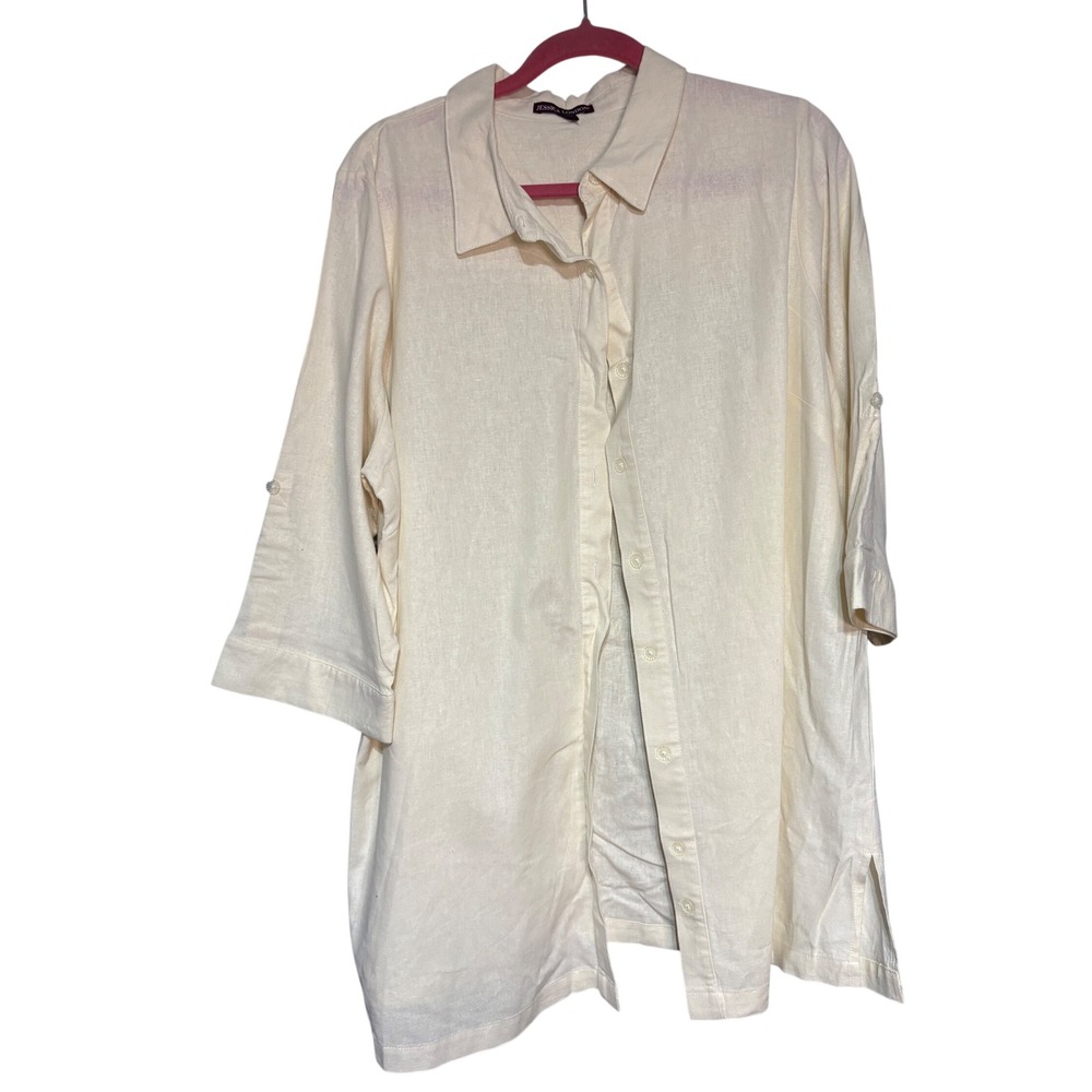 Jessica London Cream Linen Blend‎ Roll Tab Sleeve Button Down Tunic Top Size 18